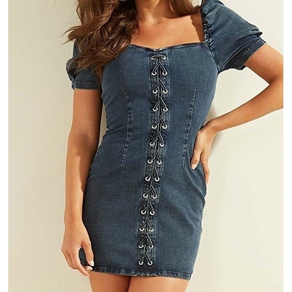 Guess Denim Mini Dress Puff Sleeve Sweetheart Neck Lace Up Dark Blue Large - Picture 1 of 7